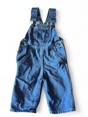 Vintage 90s Doe Spun Denim Overalls Baby 12M Snap Leg Unisex Jean Romper Bibs